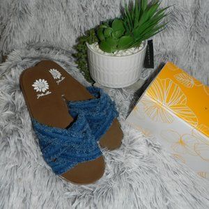 Yellowbox Women's Falses Blue Denim Cross Strap Slides BNIB🆕FAST😮‍💨⚡🚚